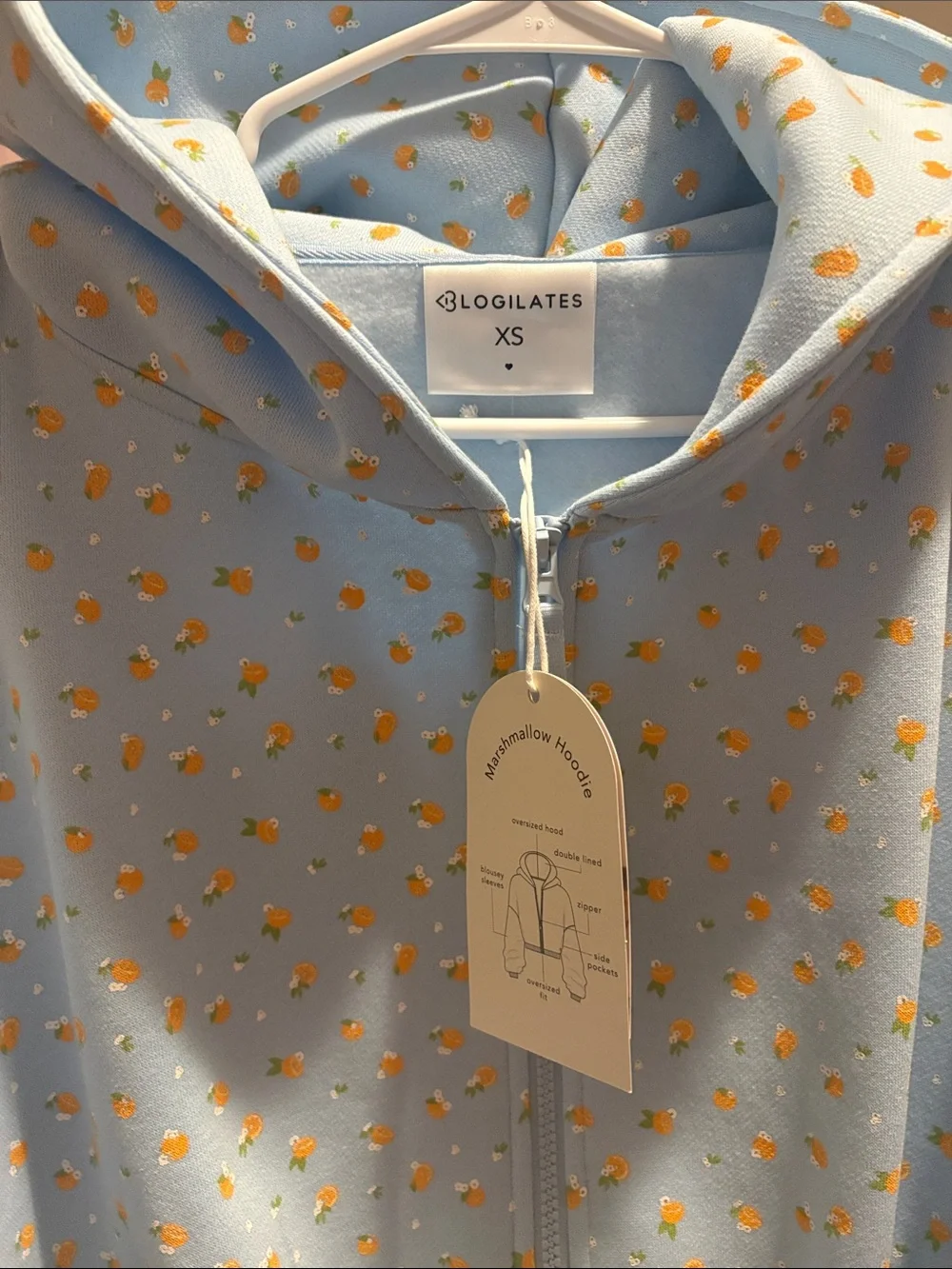 Girls' Light Blue Zip Hoodie with Orange Pineapple Print